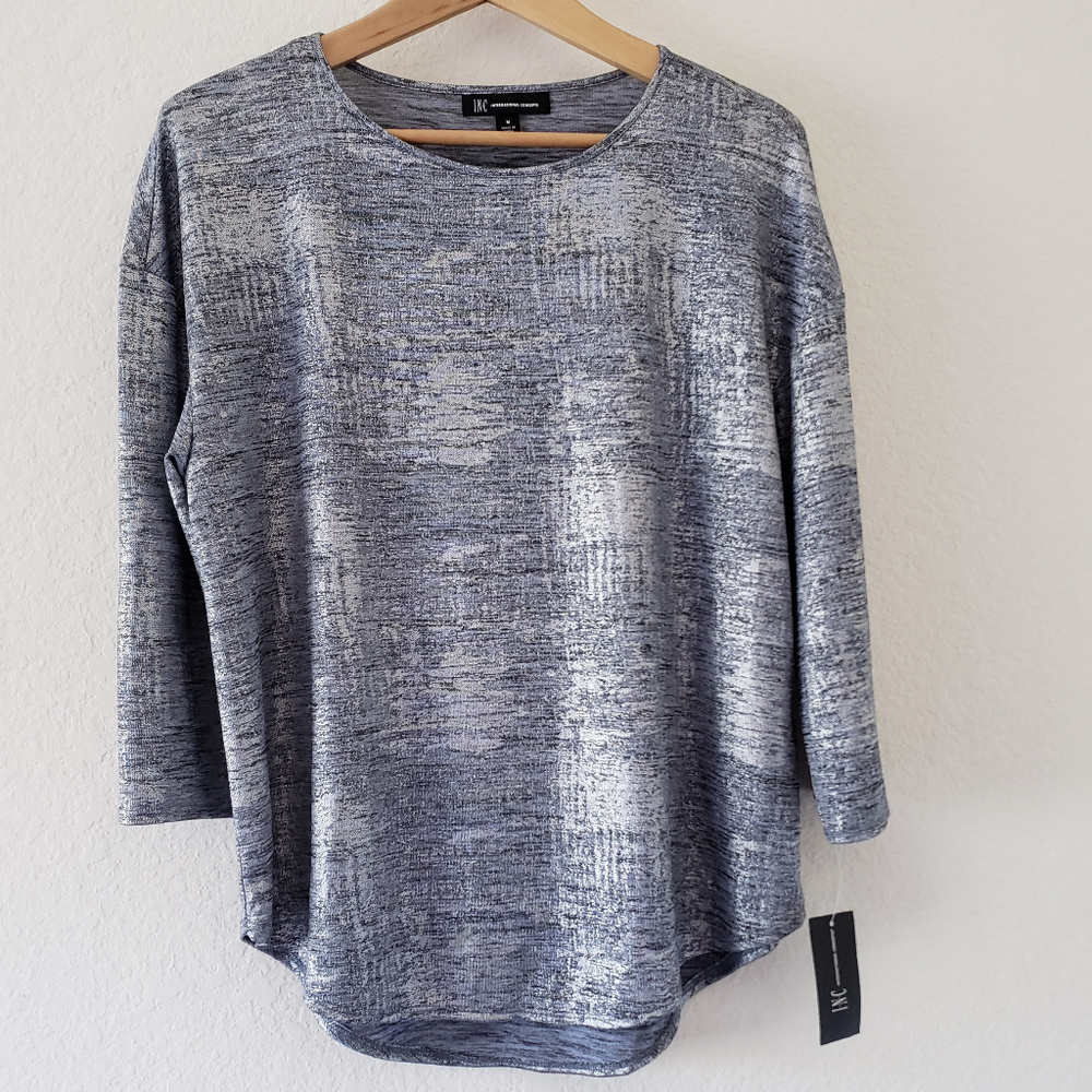 NWT - INC International Concepts Foil Shine Blue Sliver Top - Size M